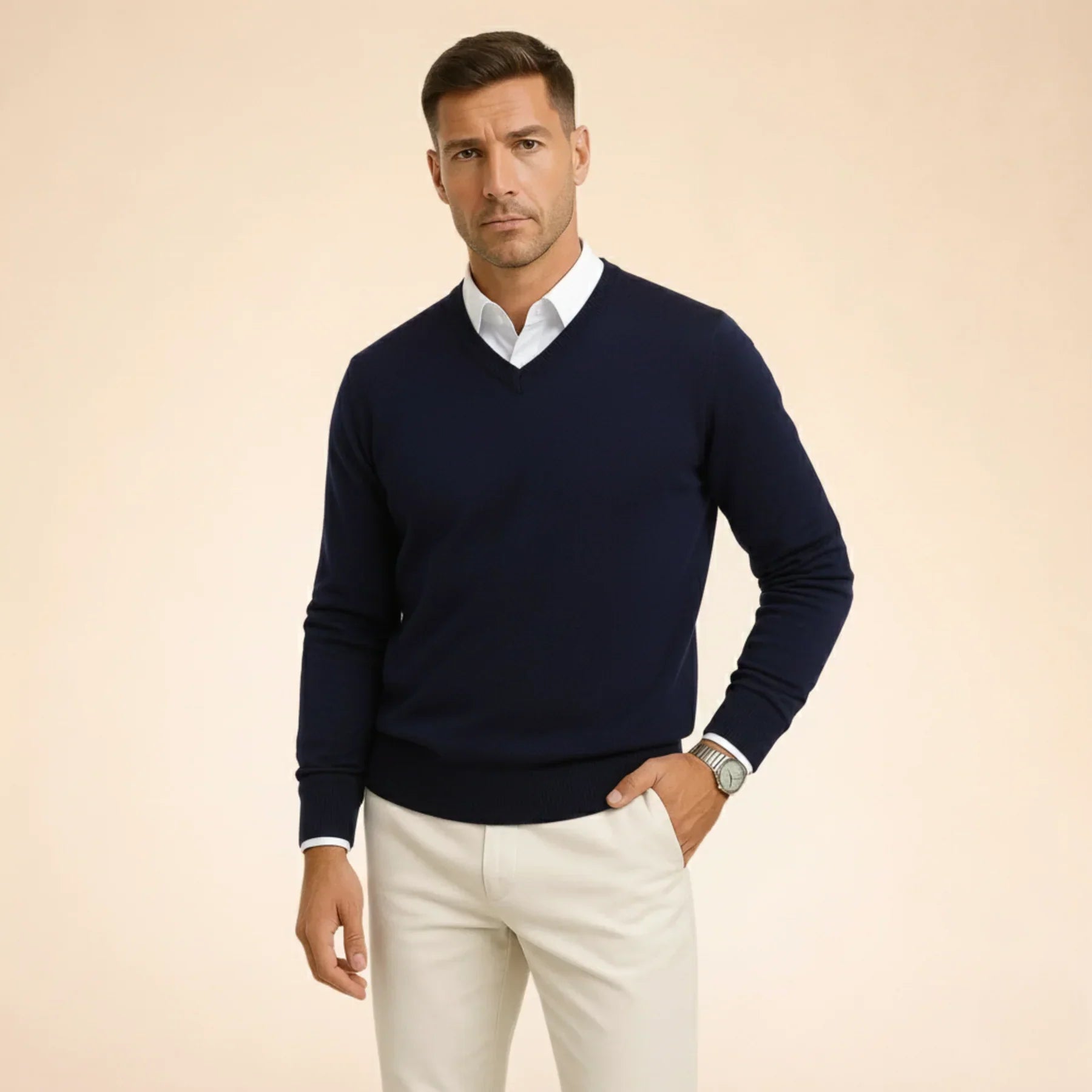 Navy cashmere V-neck sweater with long sleeves and ribbed hem and cuffs