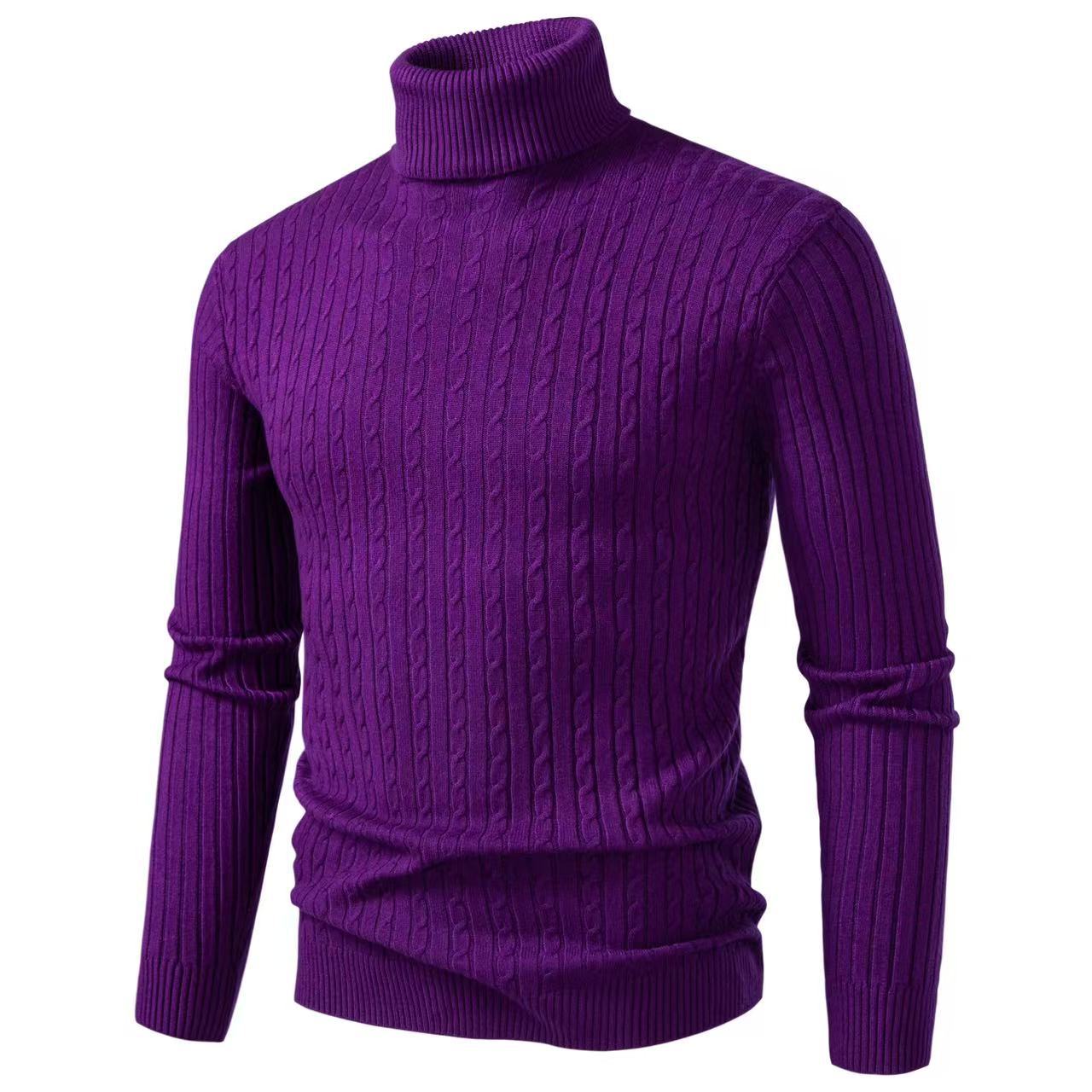 Men's purple cable-knit roll-neck jumper with ribbed cuffs and slim fit