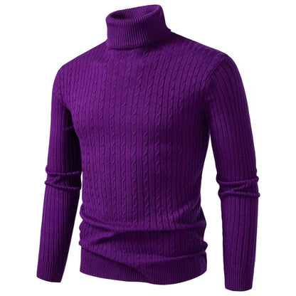 Men's purple cable-knit roll-neck jumper with ribbed cuffs and slim fit