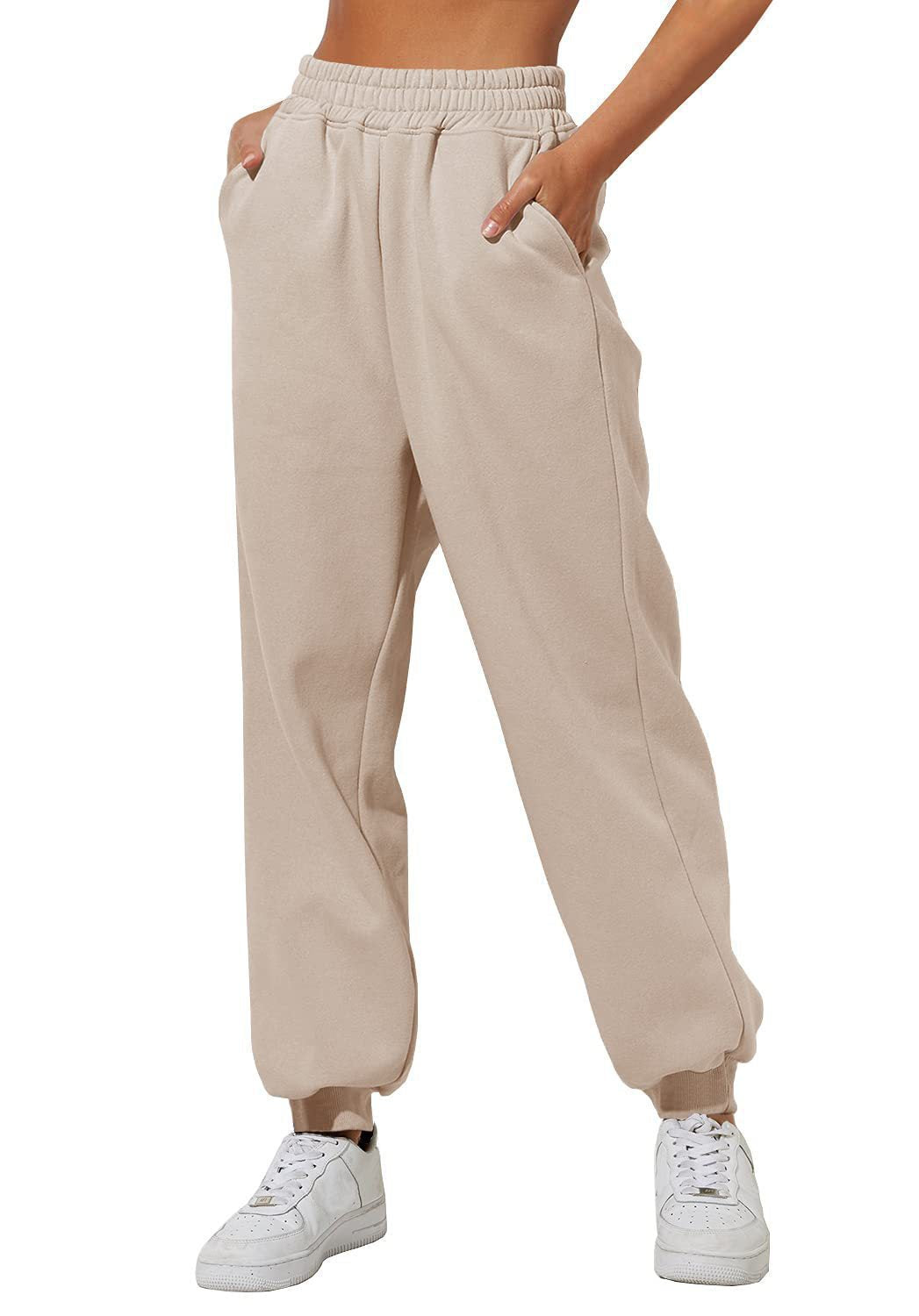 Beige casual sweatpants joggers with elastic waistband and tapered cuff hem