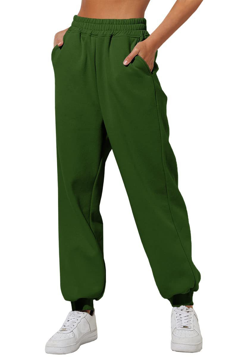 Dark green sweatpants with elastic waistband, drawstring, and cuffed ankle hems.
