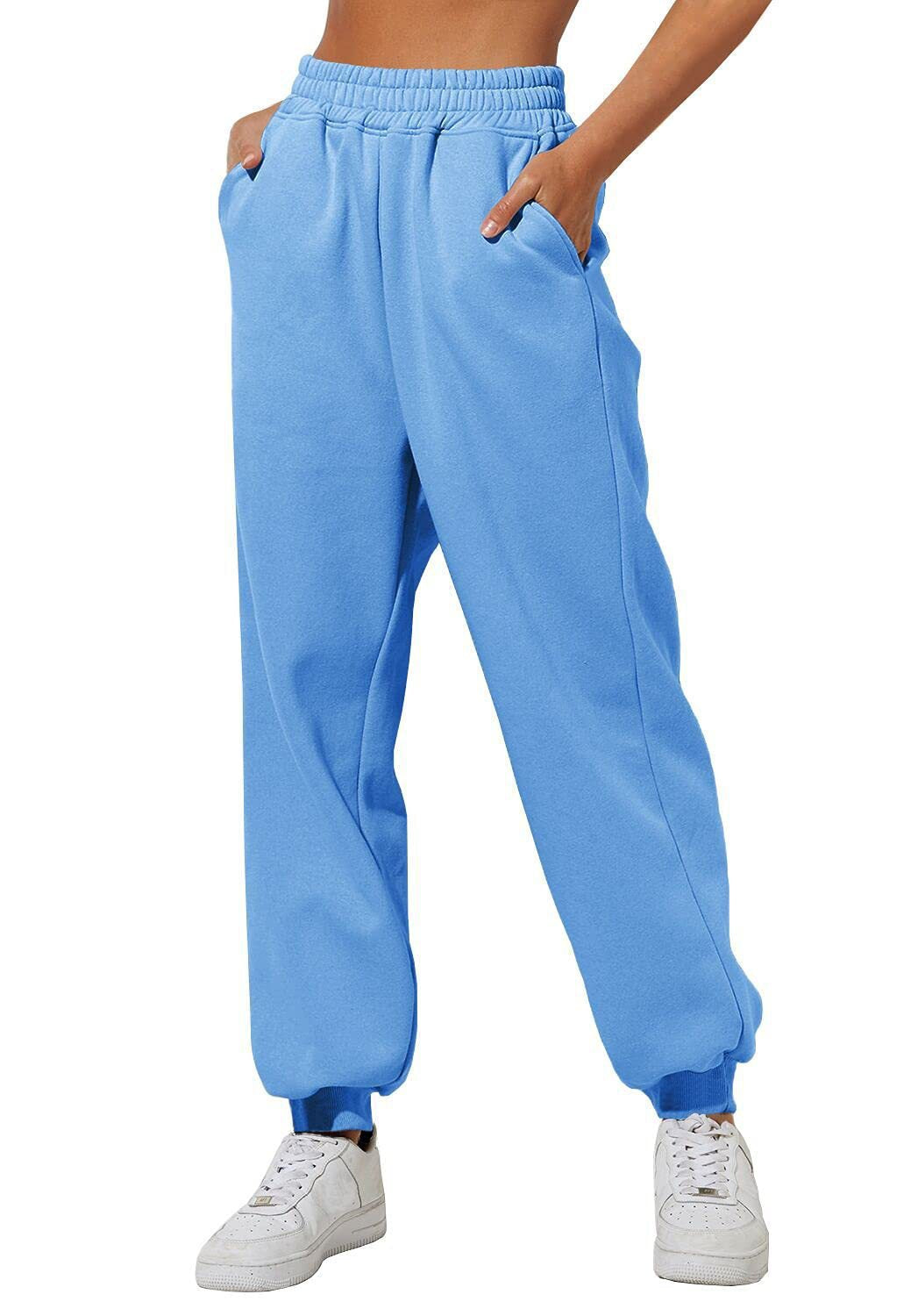 Sky blue sweatpants joggers with elastic waistband and cuffed ankle hem.