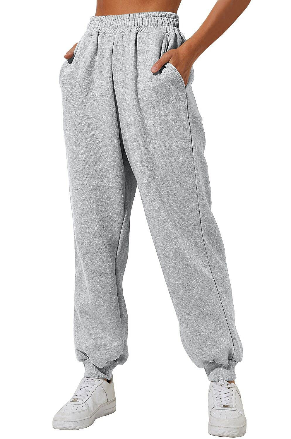 Heather gray sweatpants joggers with elastic waistband and cuffed ankle hem.