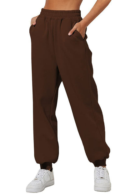 Dark brown casual sweatpants joggers with elastic waistband and cuffed ankles