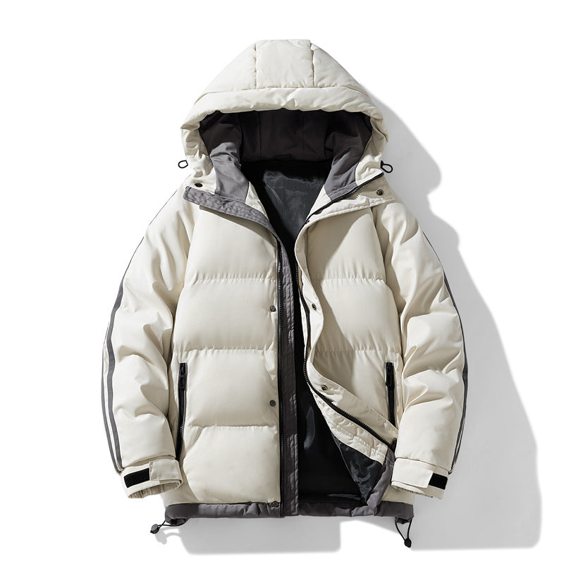 Men's quilted hooded winter jacket, off-white, hooded zip front, contrast lining and pockets