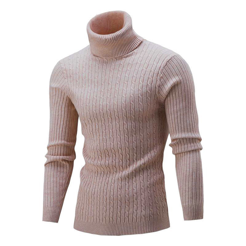 Men's light beige ribbed roll-neck cable-knit jumper, slim fit, long sleeves.