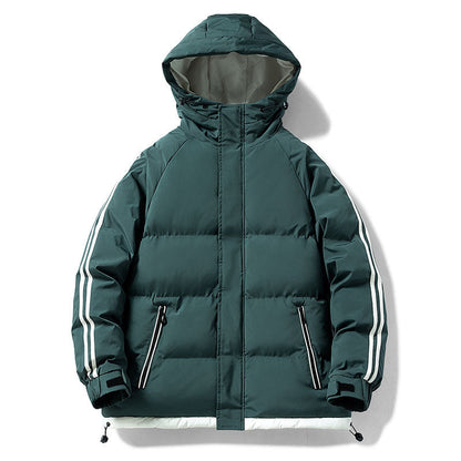 Men's quilted hooded winter jacket, green, contrast sleeve stripes, zip front, windproof shell