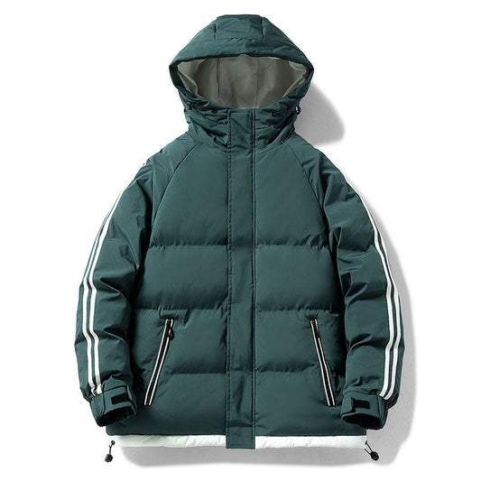 Men's quilted hooded winter jacket, green, contrast sleeve stripes, zip front, windproof shell