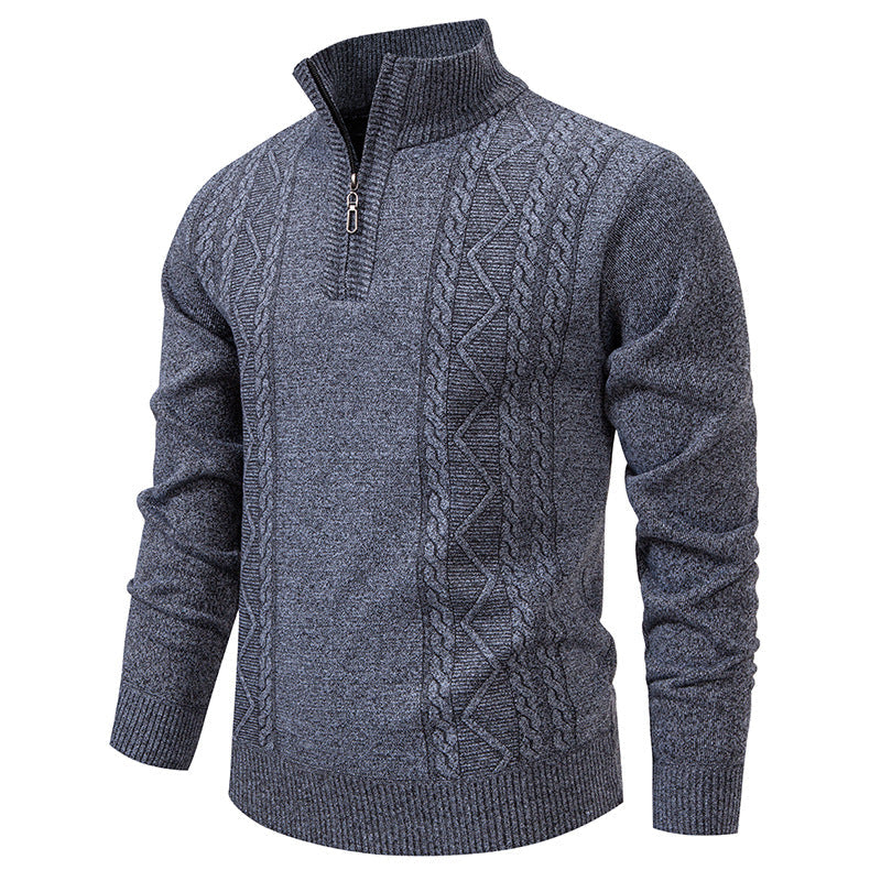 Men's knit half-zip pullover with stand collar and cable pattern, blue-grey
