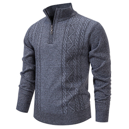 Men's knit half-zip pullover with stand collar and cable pattern, blue-grey
