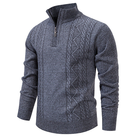 Men's knit half-zip pullover with stand collar and cable pattern, blue-grey