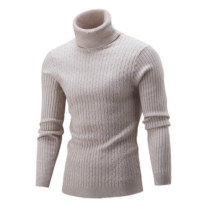 Men's beige cable-knit roll-neck jumper with ribbed cuffs and slim fit