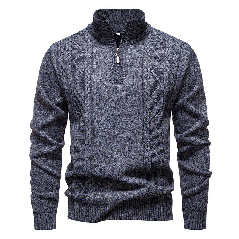 Men's knit half-zip pullover with stand collar and cable pattern, navy-blue