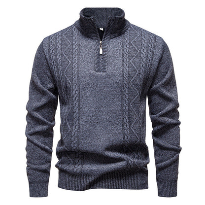 Men's knit half-zip pullover with stand collar and cable pattern, navy-blue