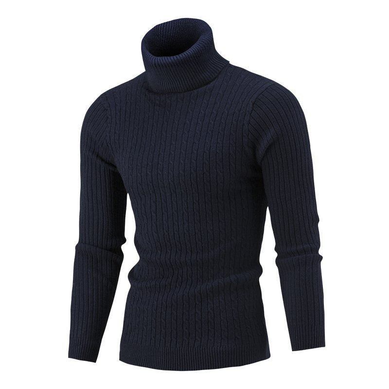 Men's navy cable-knit roll-neck jumper with ribbed cuffs and slim fit