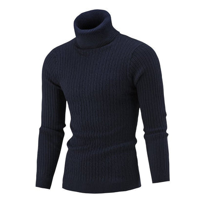 Men's navy cable-knit roll-neck jumper with ribbed cuffs and slim fit