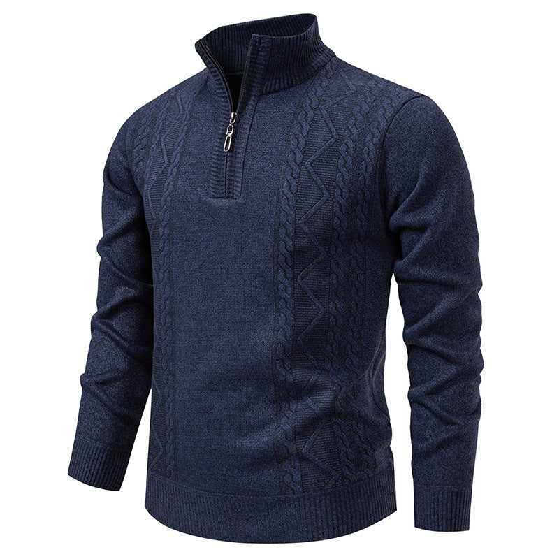 Men's knit half-zip pullover with stand collar and cable pattern, dark blue