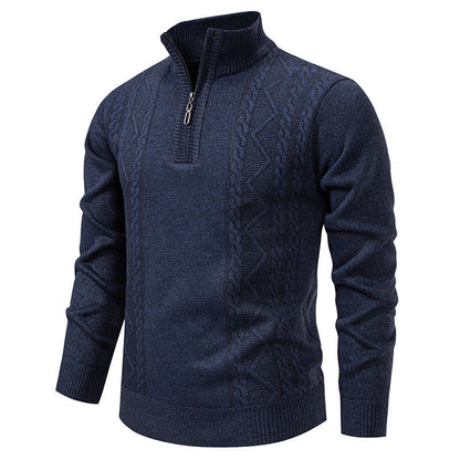 Men's knit half-zip pullover with stand collar and cable pattern, dark blue