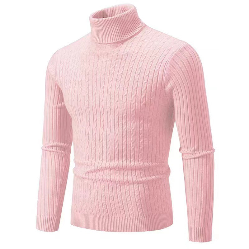 Men's light pink cable-knit roll-neck jumper with ribbed cuffs and slim fit