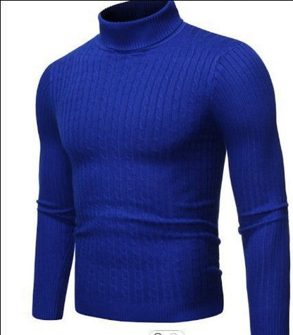 Men's royal blue cable-knit roll-neck jumper with ribbed cuffs and slim fit