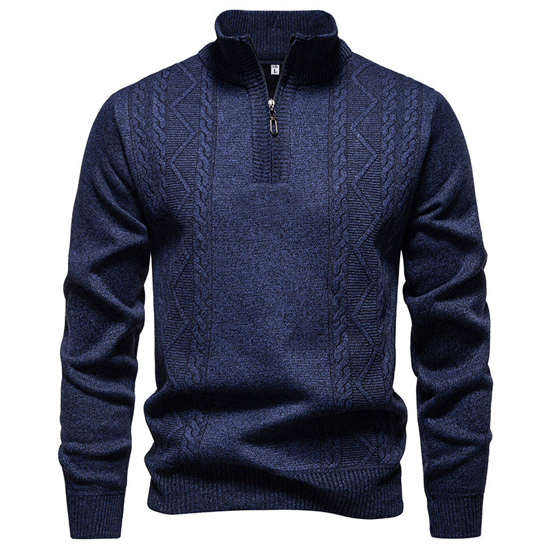 Men's knit half-zip pullover with stand collar and cable pattern, deep blue