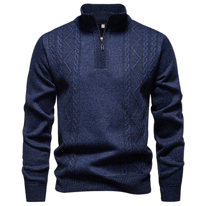 Men's knit half-zip pullover with stand collar and cable pattern, deep blue