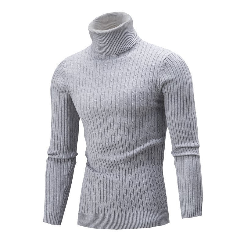 Men's grey cable-knit roll-neck jumper with ribbed cuffs and slim fit
