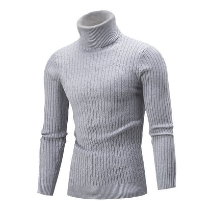 Men's grey cable-knit roll-neck jumper with ribbed cuffs and slim fit