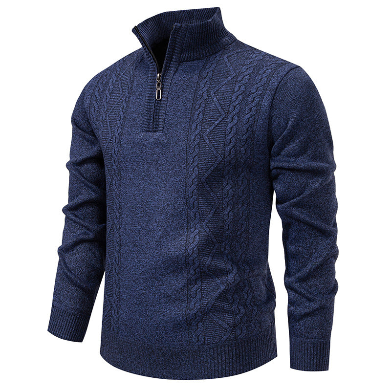 Men's knit half-zip pullover with stand collar and cable pattern, blue