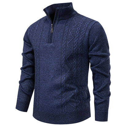 Men's knit half-zip pullover with stand collar and cable pattern, blue