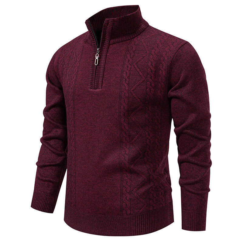 Men's knit half-zip pullover with stand collar and cable pattern, burgundy