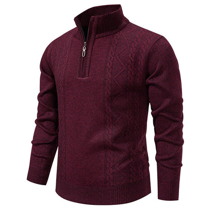 Men's knit half-zip pullover with stand collar and cable pattern, burgundy