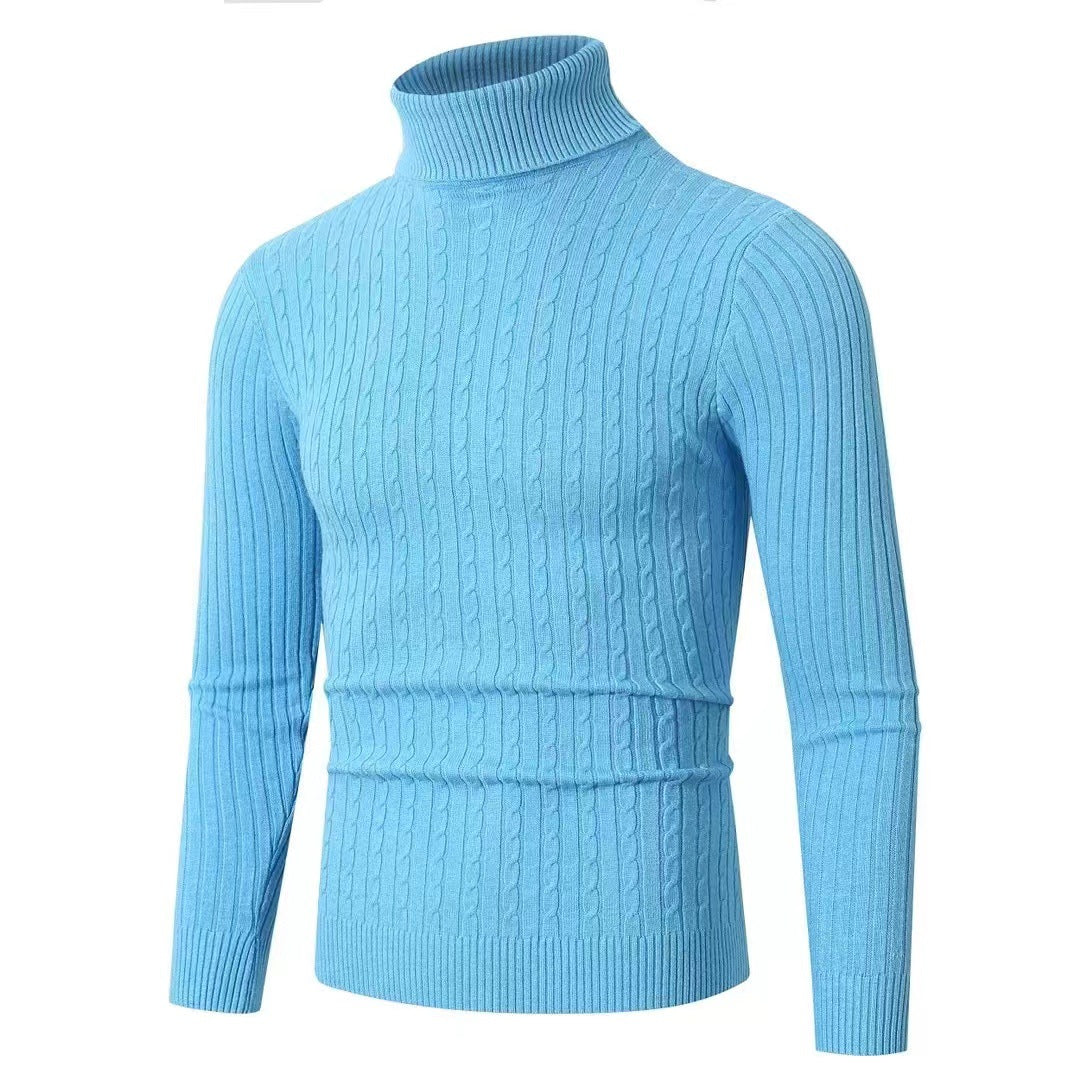 Men's light blue ribbed roll-neck cable-knit jumper, slim fit, long sleeves.