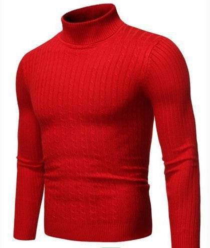 Men's red cable-knit roll-neck jumper with ribbed cuffs and slim fit