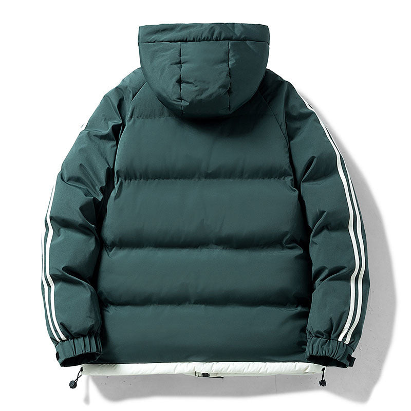 Men's quilted hooded winter jacket, green, hooded back view, contrast sleeve stripes
