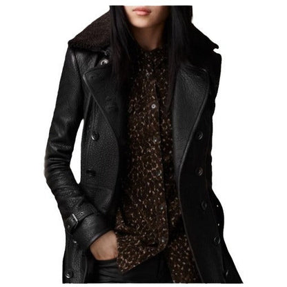Black women's leather jacket close-up, folded collar and double-breasted buttons