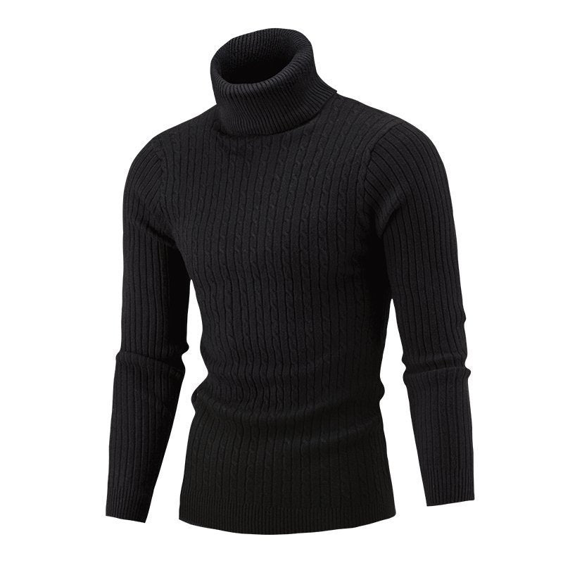 Men's black cable-knit roll-neck jumper with ribbed cuffs and slim fit