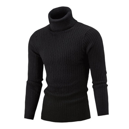 Men's black cable-knit roll-neck jumper with ribbed cuffs and slim fit