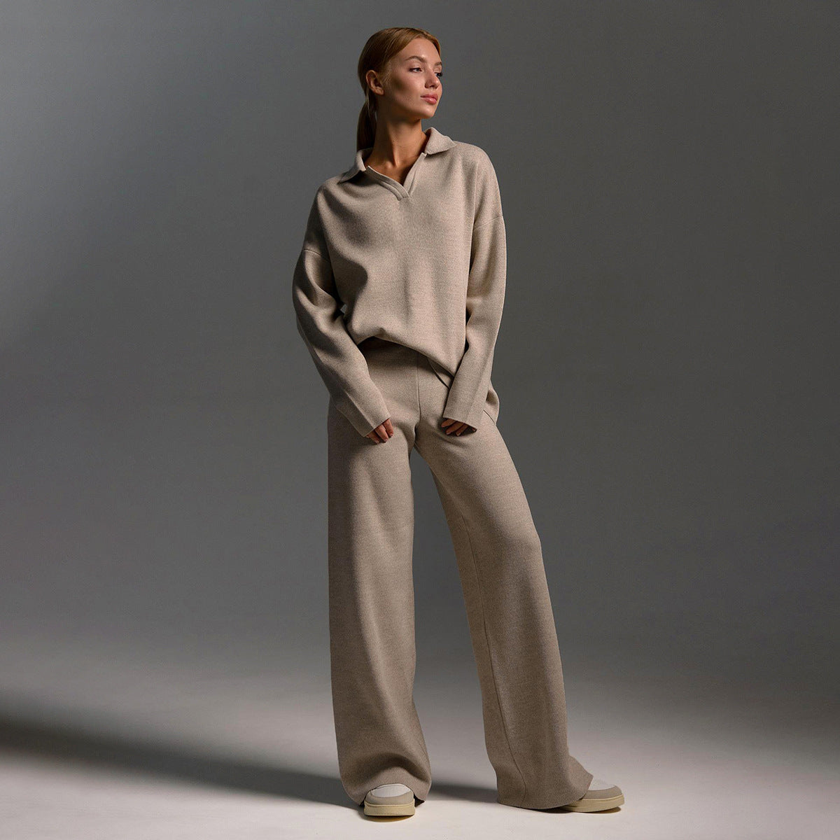 Women’s knit polo set with wide-leg trousers, taupe front view