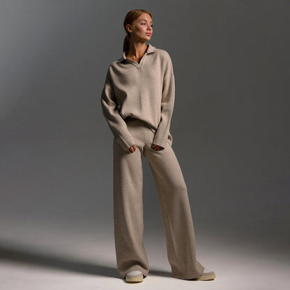 Women’s knit polo set with wide-leg trousers, taupe front view