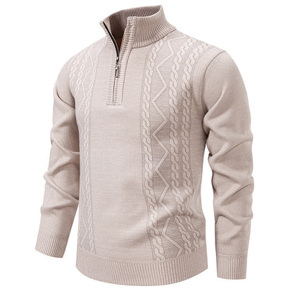 Men's knit half-zip pullover with stand collar and cable pattern, light beige