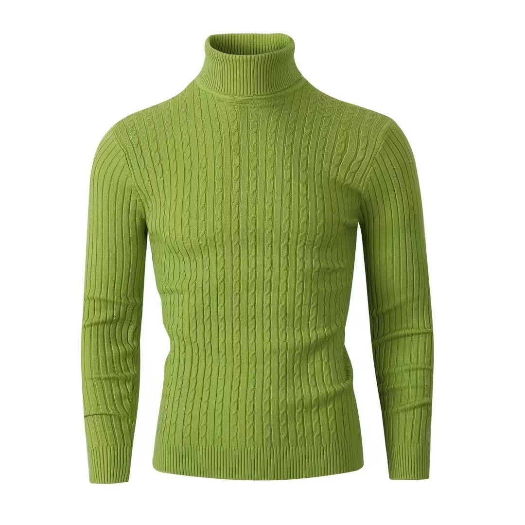 Men's bright lime green ribbed roll-neck cable-knit jumper, slim fit, long sleeves.