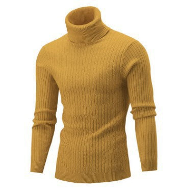 Men's mustard cable-knit roll-neck jumper with ribbed cuffs and slim fit
