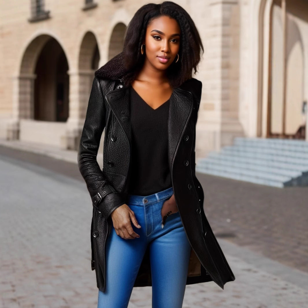 Black women's leather jacket with folded collar and side button tabs, long length