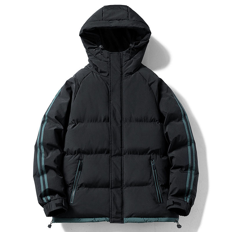 Men's quilted hooded winter jacket, black, hood and contrast sleeve stripes, zip front