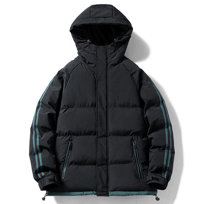Men's quilted hooded winter jacket, black, hood and contrast sleeve stripes, zip front