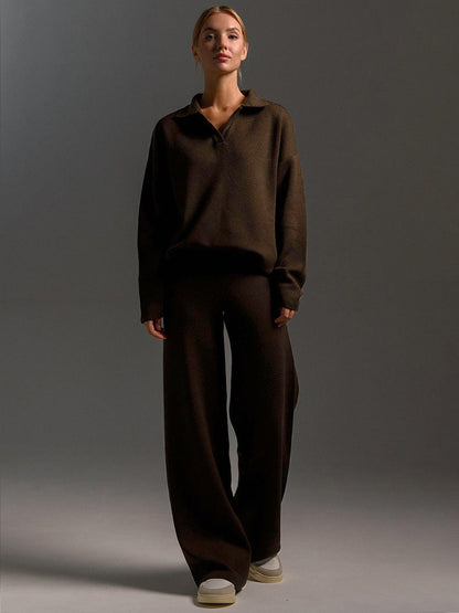 Women’s knit polo set with wide-leg trousers, dark brown front view