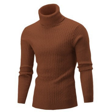 Men's camel brown ribbed roll-neck cable-knit jumper, slim fit, back view, long sleeves.