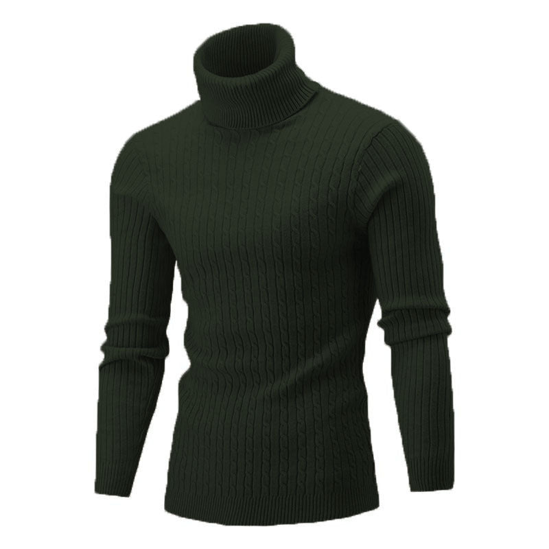 Men's dark green cable-knit roll-neck jumper with ribbed cuffs and slim fit