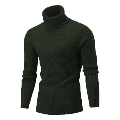Men's dark green cable-knit roll-neck jumper with ribbed cuffs and slim fit